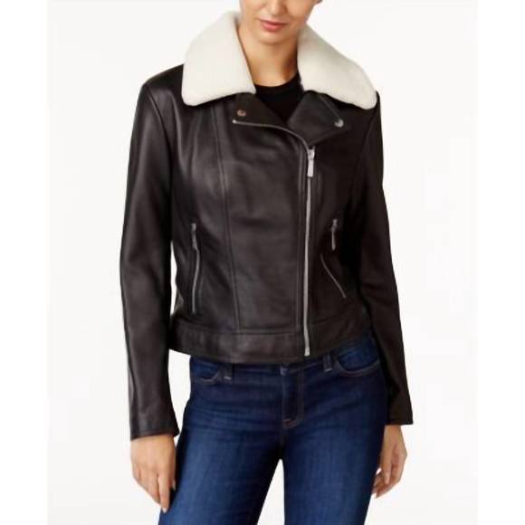 NEW MICHAEL KORS shearling collar leather jacket in black - Picture 1 of 3